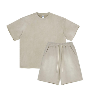 Ensemble T-shirt et short en pur coton 360 grammes pour l'été, couleur noire personnalisée, délavé à l'acide, respirant - Product Image 2