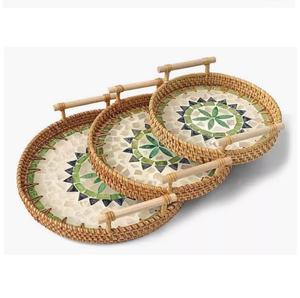 Plateau de service en rotin et bois naturel, fait main et personnalisé, pour restaurants, cafés, hôtels, pour servir des plats, des aliments, des fruits, du café - Product Image 1