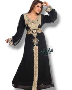 Abaya Kaftan islamique modeste pour femmes AWAIS House, tenue de soirée formelle, silhouette droite longue jusqu'au sol, ornée de perles, en mousseline de soie écologique - Product Image 1