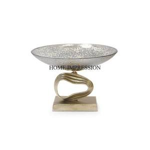 Finition couleur argent brillant miroir poli métal robuste forme ronde bol et base avec feuilles plaquées or support de designer - Product Image 4