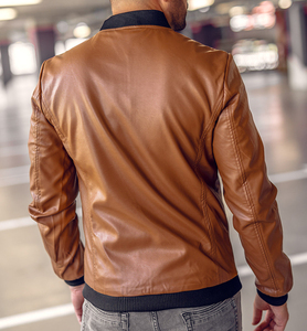 Veste de motard en cuir véritable pour homme, col montant unisexe, coupe-vent, logo personnalisé sur le devant, vente en gros - Product Image 5