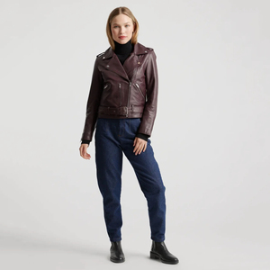 Luxury <b>Women</b> <b>Vintage</b> Genuine <b>Leather</b> Moto <b>Jacket</b> Belted Hem Asymmetric Zip Snap Lapel Multi Pocket Slim fit Fashion Outerwear - Product Image 4