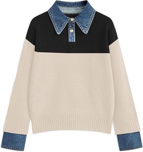 Sweat-shirt à col polo rayé à manches longues pour homme, style avec tissu denim, pour l'hiver, le printemps et l'automne - Product Image 6