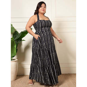 Robe longue maxi Deebaco pour femme grande taille, noire à pois, col halter, à volants, coupe trapèze, élégante, sans manches, style western, pour soirée - Product Image 5