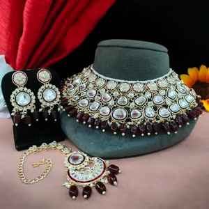 Polki Necklace <b>Set</b> With Maang Tikka <b>Indian</b> Traditional <b>Jewelry</b> Premium Quality Bridal Necklace <b>Set</b> For Women Ideal For Festivals - Product Image 2