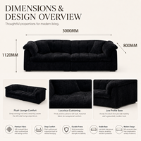 Canapé d'angle moderne noir en tissu texturé, deux places, avec accoudoirs capitonnés et coussin de siège rembourré en éponge, idéal pour appartement et hôtel