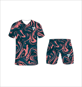 ชุดยูนิฟอร์มฟุตบอลแบบซับลิเมชั่นสำหรับผู้ชาย ลายพิมพ์ลายหินอ่อนสีเขียวอมฟ้าเข้มและชมพูแซลมอน พร้อมกางเกงขาสั้นเข้าชุด - Product Image 5