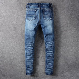 กางเกงยีนส์ผ้าเดนิมคุณภาพสูงสำหรับผู้ชายกางเกงทรงสลิมฟิตสีน้ำเงินสไตล์ฮิปฮอปผ้าคอตตอนเทรนด์วัยรุ่นเอวสูงออกแบบได้ตามต้องการ - Product Image 2