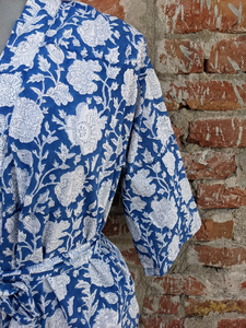 Kimono unisexe en coton imprimé à la main Style indien Dressing imprimé floral Cordon de serrage Couverture de plage à la main Robe pour adultes - Product Image 6