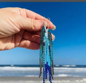 Turquoise Beaded <b>Earrings</b> Long Emerald <b>Green</b> Fringe <b>Earrings</b> Ombre Chandelier Boho Beaded Fringe <b>Earrings</b>, Quill Feather - Product Image 1