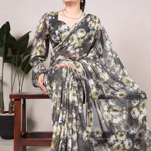 Sofisty Silky Saree น้ำหนักพิมพ์ลายหินอ่อนที่มีขอบมุกลูกไม้เป็นทางการพร้อมสวมใส่ - Product Image 1