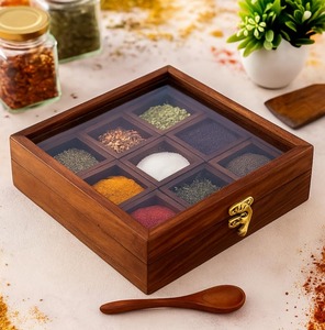 Caja de madera Masala Estante de especias Tarro de especias Dabba Caja de especias multiusos Contenedor caja de Masala y cámaras de especias divididas - Product Image 3