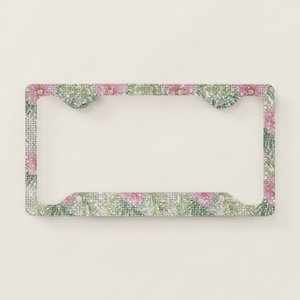 Tropical <b>Pink</b> Flowers Sparkle License Plate <b>Frame</b> with LED Carbon Fiber Aluminum Stainless Steel Plastic Metal for Cars - Product Image 1