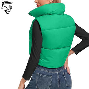 Top chaqueta recortada para mujer, chaleco acolchado, chaqueta verde de invierno sin mangas con cuello alto, cremallera bordada, patrón sólido, ligero - Product Image 3