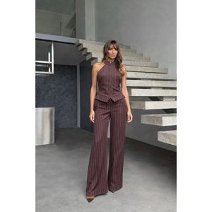 Ensemble deux pièces sans manches rayé pour femme Mybeefashion avec fermeture éclair - Tenue d'été décontractée marron - Product Image 1