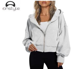 Onstyle Sports cropped zip HOODIE para mujer casual streetwear tela suave manga larga Sudadera con capucha Top corto - Product Image 4