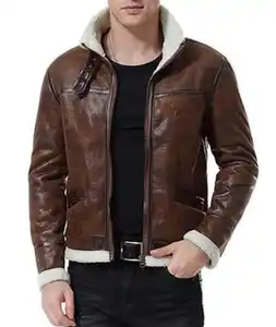 Abrigo de piel sintética de invierno de cuero genuino con solapa de muesca Sherpa Shearling chaqueta de cuero cálida para hombre con Cuello de piel chaqueta de cuero 2024 - Product Image 1