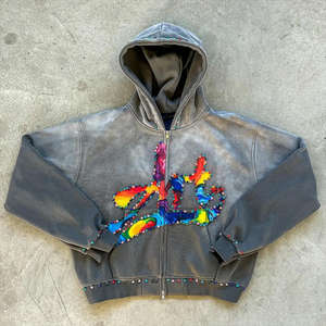 Sudadera con capucha personalizada con cremallera de diamantes de imitación para hombre, ropa de calle con lavado ácido de 370 gramos, logotipo estampado de pantalla, algodón pesado, a la moda Top con capucha, ajuste ajustado de otoño - Product Image 1