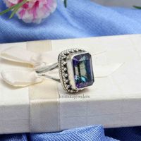 Bague de Fiançailles et de Mariage Classique Élégante pour Femme en Argent Sterling 925 avec Pierre Précieuse Topaze Mystique Taille Princesse Sertie en Bezel