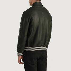 Walton Casual Green Leather Varsity <b>Jacket</b> with <b>Sheepskin</b> Cowhide Hoodie Collar Zippered ODM Supplied for Autumn Season XS Size - Product Image 5