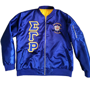 Top Vente Divine Nine Sororité Sigma Gamma Rho Bomber Vestes Sororité SGR Fermeture Éclair Soie Satin Welted Poches Broderie - Product Image 1