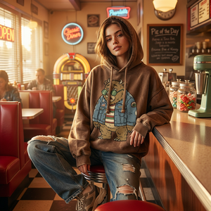 Felpa con Cappuccio Vintage Thrift <span class=keywords><strong>Bear</strong></span> 450g in Cotone Pesante da Uomo Streetwear Amekaji con Grafica Orso Pigro Ricamata in Pile Lavato - Product Image 3