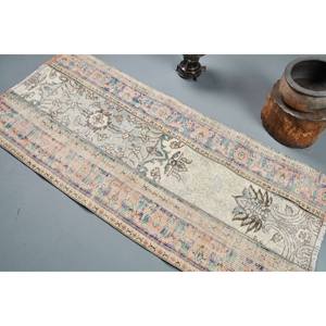 Tapis en laine turque vintage de 2.8x6,3 pieds, tissage plat en patchwork beige et bleu pour les décorations de salon avec support en latex - Product Image 4