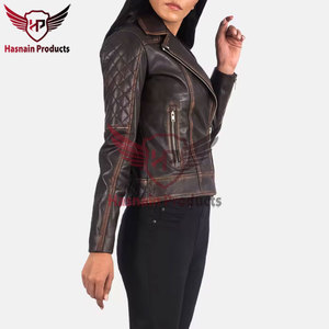 Blouson de motard asymétrique en cuir véritable vieilli pour femme, avec fermeture éclair, manches matelassées en peau de mouton, col à revers, poches zippées, vêtement d'extérieur personnalisé, nouveauté - Product Image 2