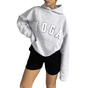 Nuevo invierno largo Casual gris bordado YOGA letras impresas suelta con capucha frontal mujer terciopelo 100% algodón sudadera - Product Image 1