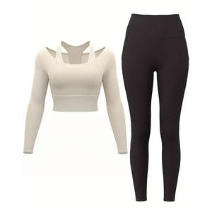 Conjunto Deportivo de Yoga de 2 Piezas para Mujer, Cintura Media, Leggings Largos y Top sin Mangas, Color Sólido, Logotipo Frontal, Estilo Único - Product Image 1