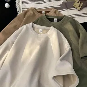 Camiseta con aspecto de gamuza de verano 2025 para hombre, estilo Retro, ajuste holgado, Media manga, Color sólido, Top informal de moda Unisex - Product Image 3