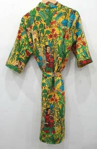 Bata Kantha de algodón verde de doble capa para mujer con bolsillos y cinturón Kimono de retazos Kantha hecho a mano estilo dulce - Product Image 3