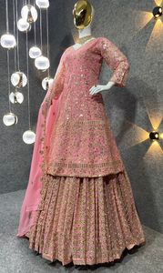Faux Georgette Lehenga Choli ดีไซน์ล่าสุด,พร้อมงานปัก Dupatta และ Zari จากอินเดีย - Product Image 5