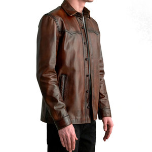 Camisa de cuero genuino de estilo clásico para hombre de nuevo diseño, camisas de cuero de diferentes colores de manga corta con cuello personalizado OEM - Product Image 2