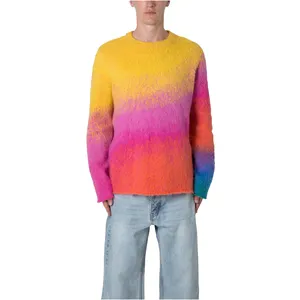 Suéter Mohair de punto a rayas con cuello redondo personalizado multicolor para hombre, suéter de mezcla de Mohair difuso, camisas