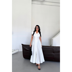 Vestido Casual de Lino Jacquard con Abertura Frontal y Bolsillos, Color Blanco - Product Image 6