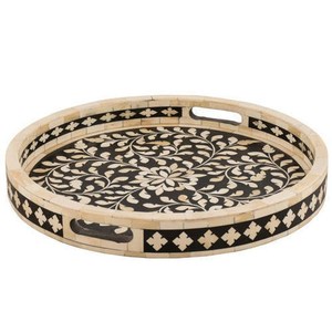 Élégant plateau rond décoratif en incrustation d'os noir marron ustensiles de cuisine en bois naturel fabriqués à la main - Product Image 1