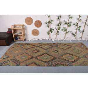 Alfombra de lana verde marrón rústica patrón abstracto 5,1X10,7 pies para dormitorio de adolescente pasillo rompecabezas de látex diseño rectangular de retazos - Product Image 1