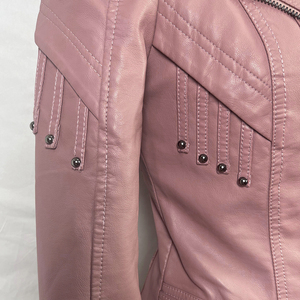 Fashionable Women's Motorcycle Jacket Turn-Down <b>Collar</b> Customizable Colors-Pink Black Red Genuine Sheep Skin Leather OEM Cotton - Product Image 3