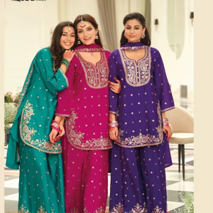 Últimas BeautifulHeavy Chinon Secuencia Bordado trabajo Kurti Palazzo Set para Mujeres Colección - Product Image 1