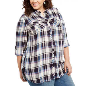 Camicia Utility in Flanella Style Co Plus Size, Navy Plaid, Taglia 0X - Casual, Stile Western, Formale, Stampa OEM, Top con Bottoni Decorativi per la Primavera - Product Image 1