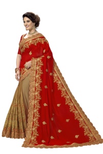 Trendmalls Sari décontracté en satin de soie brodé pour femme, pièce de chemisier non cousue (K810-Rouge), coupe classique pour mariage, toutes saisons - Product Image 2