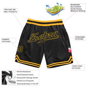 Shorts de basketball respirants personnalisés noir-or authentiques style rétro, sublimation, anti-humidité, séchage rapide, pour équipe adulte - Product Image 2
