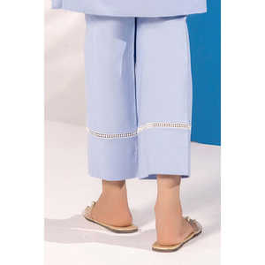 Pantalon décontracté pour femme en tissu Oxford bleu, respirant, teint en fil, coupe évasée, taille élastique, jambe large, taille mi-haute, coupe ample, avec revers - Product Image 3