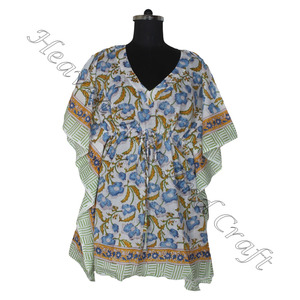 100% algodón Mujer ropa de dormir bloque de mano estampado Kaftan vestido KFCS140 peso ligero mujeres Casual ocasión desgaste corto caftán vestidos - Product Image 1