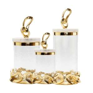 Recipiente de vidrio chapado en oro de metal y vidrio decorativo de lujo con tapa de mármol para decoración de cocina - Product Image 2