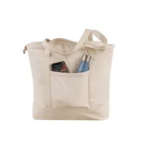 Оптовая продажа, Экологичная Повседневная Сумка-топовая сумка с застежкой-молнией и логотипом, стильная Холщовая Сумка-тоут с внешним карманом