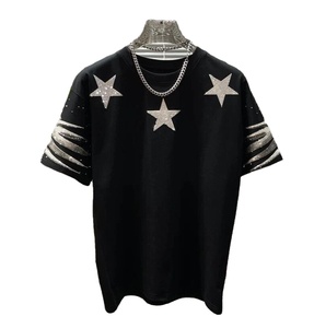 Camisetas de diseño ostentoso para hombre con decoración de diamantes de imitación estilo Hip Hop ropa informal de algodón pesado camiseta con hombros caídos hecha a medida - Product Image 1