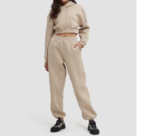 Conjunto de Jogger de invierno personalizado OEM para mujer, Sudadera con capucha de algodón con logotipo frontal, Top corto de punto de 2 piezas y parte inferior - Product Image 5