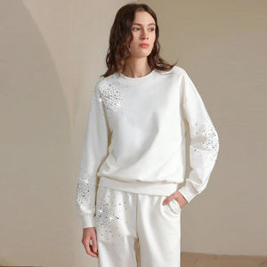 Sudadera transpirable suave y cálida con diamantes de imitación para mujer, Jersey de algodón polar, ropa de calle de gran tamaño, parche de angustia Vintage - Product Image 1